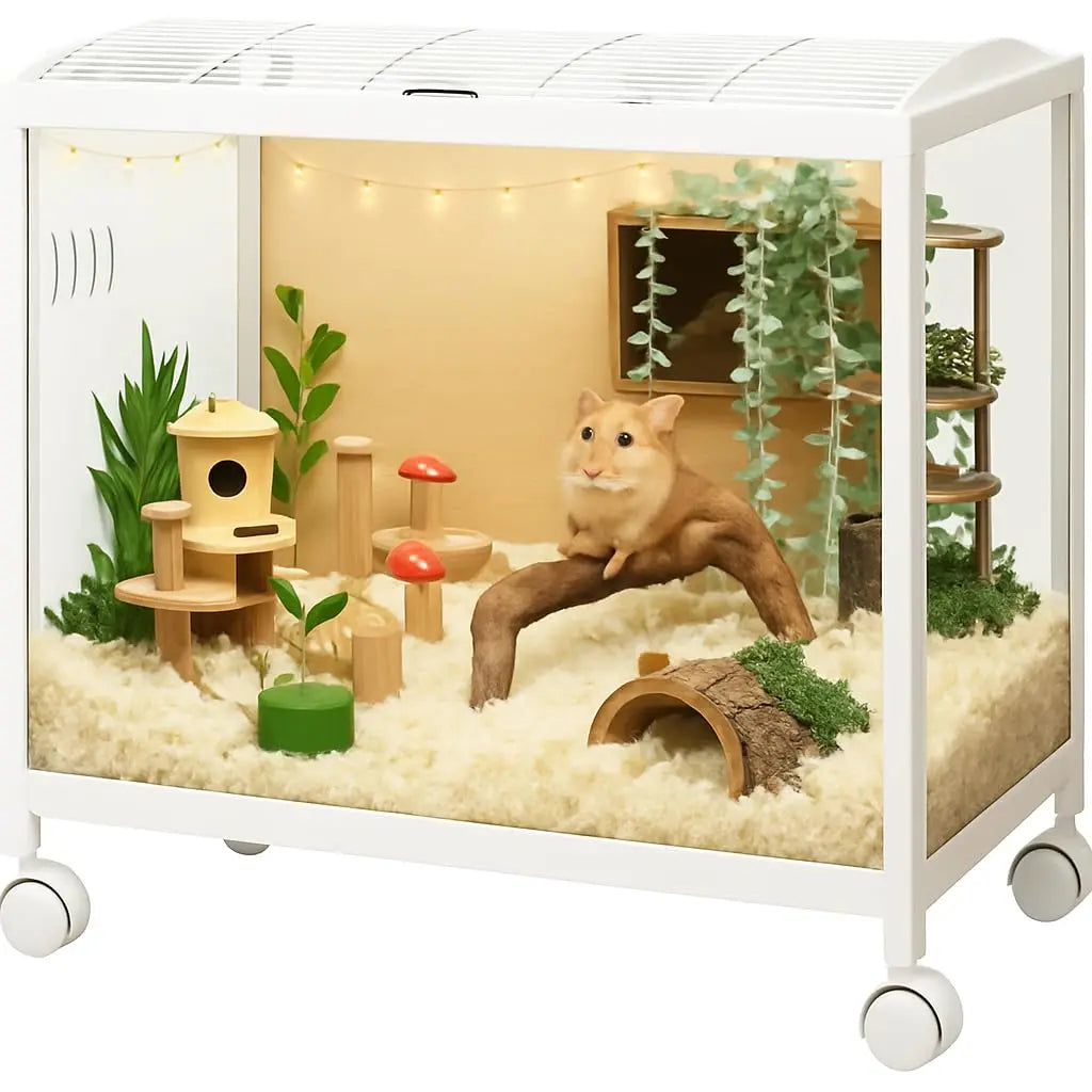 Transparent Hamster Cage with 360 Degree View and Universal Wheels