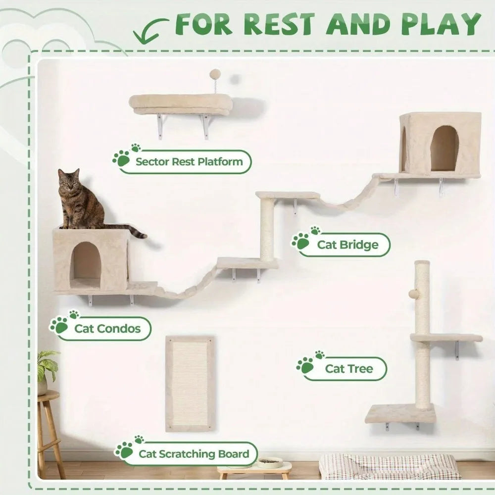 Modern Wall Mounted Cat Climber Set With House And Bridge