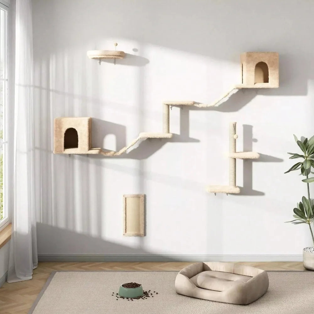 Modern Wall Mounted Cat Climber Set With House And Bridge