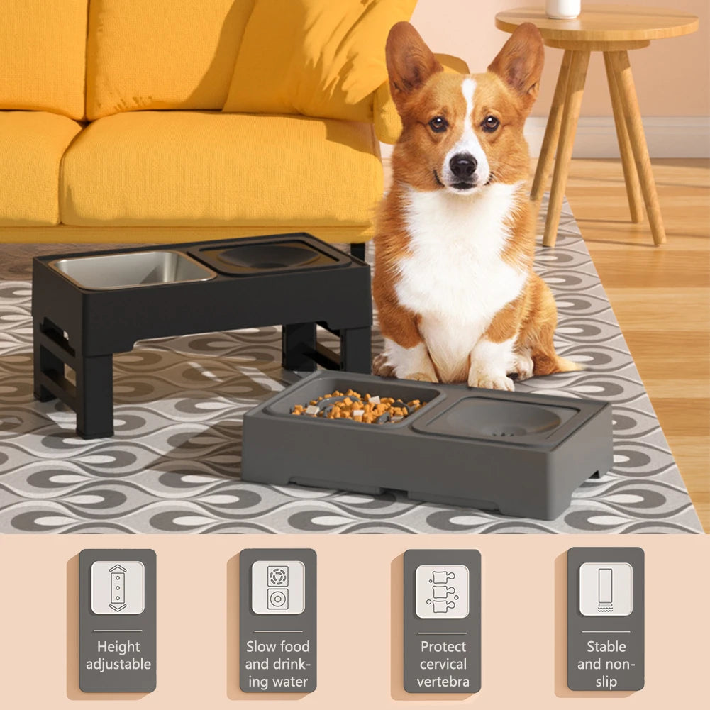 3 In 1 Adjustable Height Stainless Steel Slow Feed Dog and Cat Water Bowl Large Pet Feeding Station