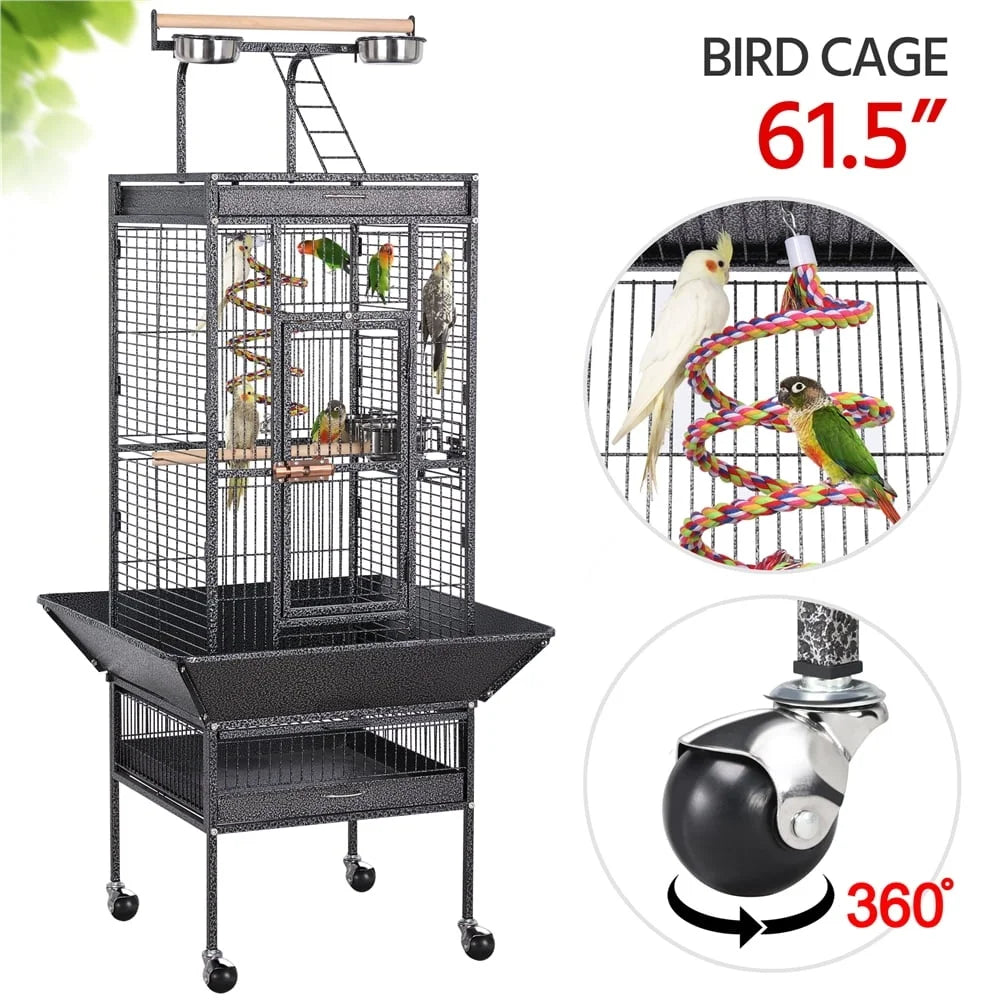 Rolling Metal Parrot Cage With Play Top And Accessories