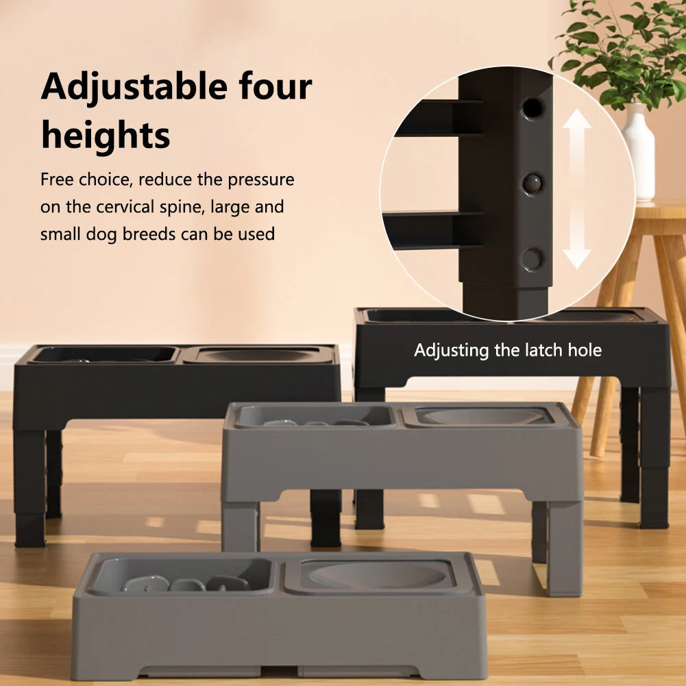 3 In 1 Adjustable Height Stainless Steel Slow Feed Dog and Cat Water Bowl Large Pet Feeding Station