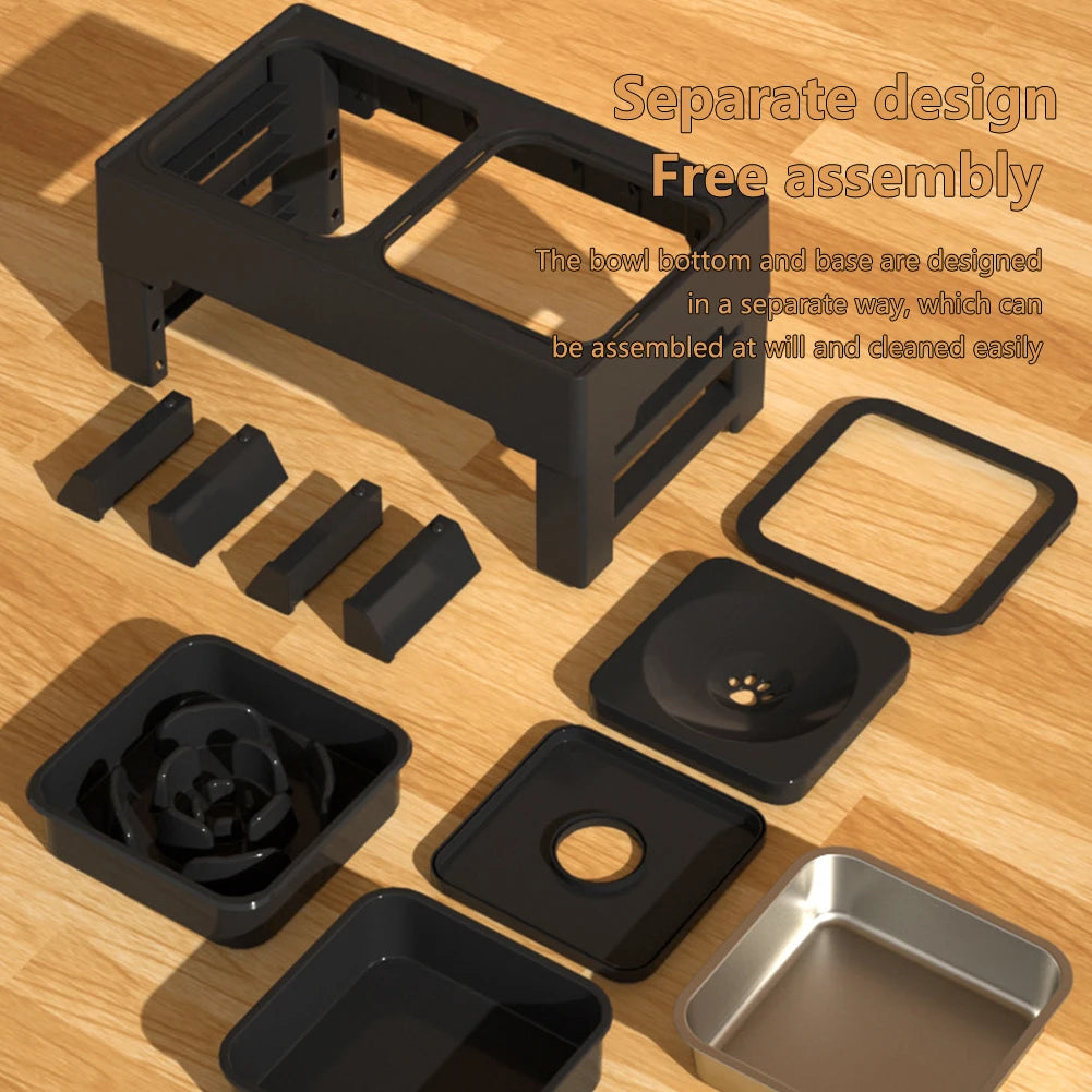 3 In 1 Adjustable Height Stainless Steel Slow Feed Dog and Cat Water Bowl Large Pet Feeding Station