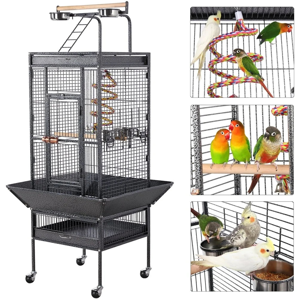 Rolling Metal Parrot Cage With Play Top And Accessories