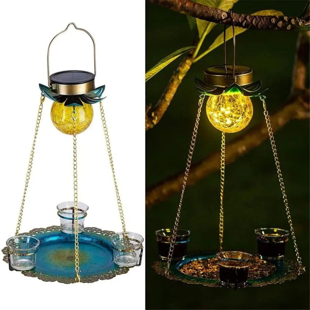 Solar Bird Feeder Hanging Lights Seed Tray Weatherproof