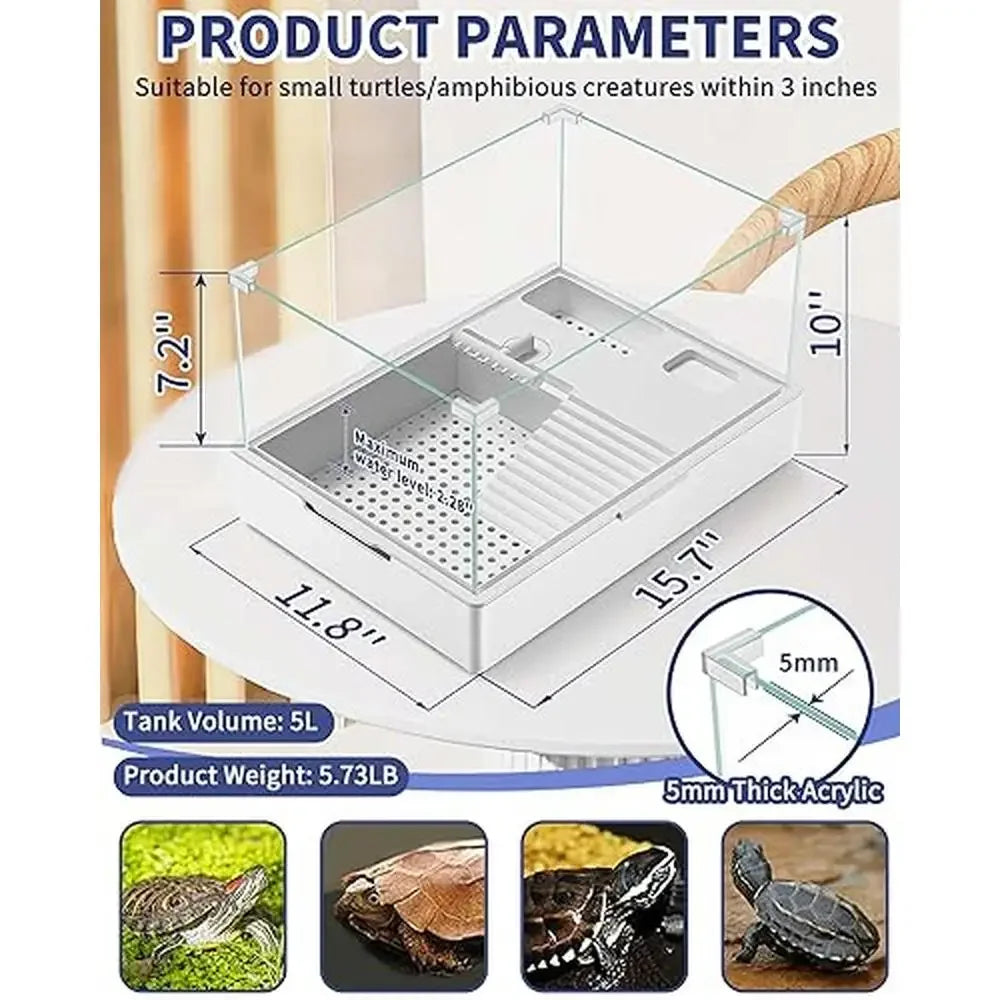 Acrylic Turtle Tank Starter Kit with Rain Shower Head UVA UVB Light Water Pump Easy to Clean Healthy Habitat for Small Reptiles