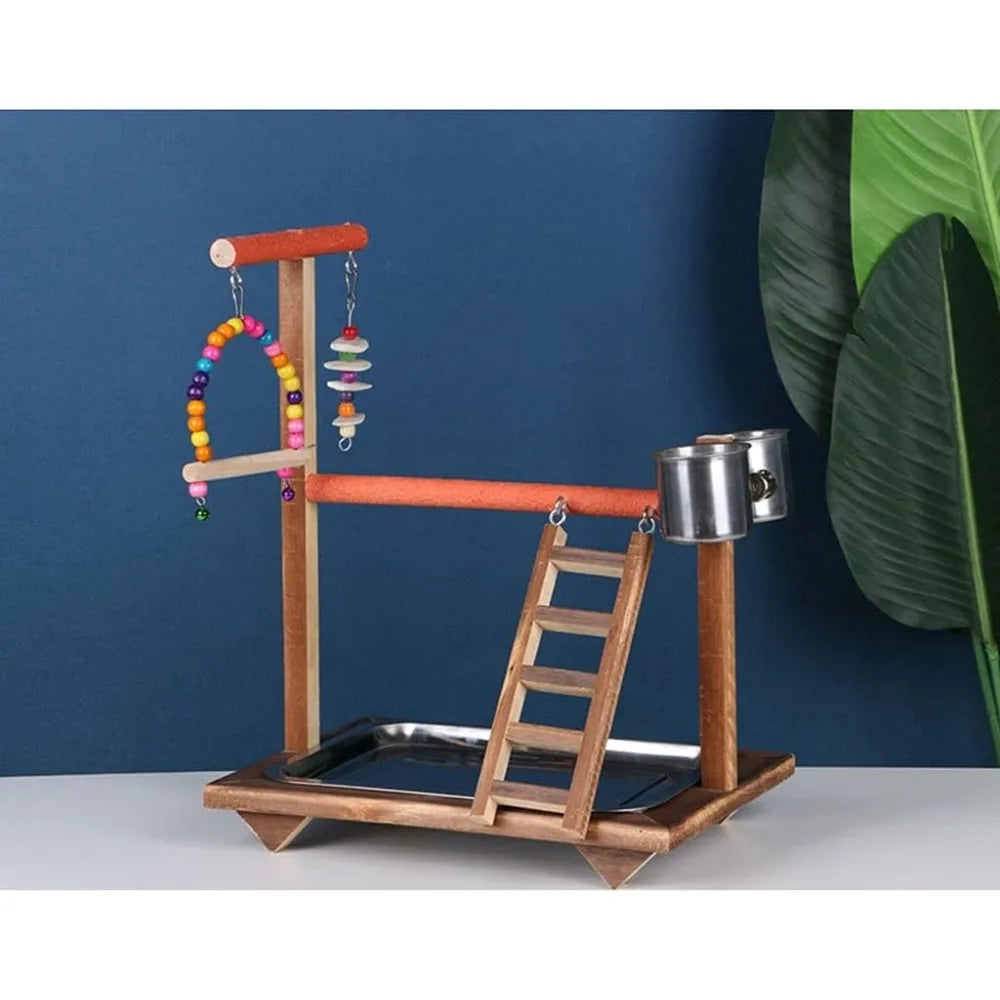 Wood Parrot Stand With Swing Chew Toy And Playground