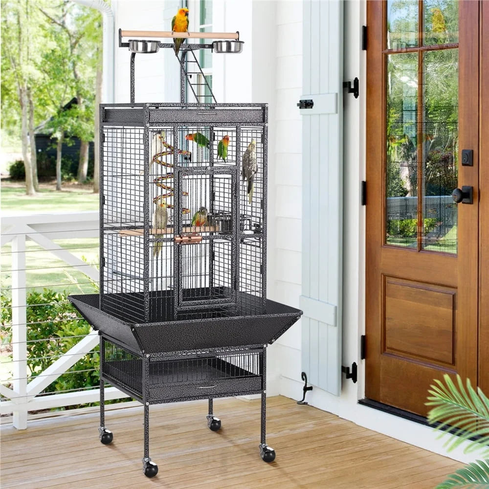 Rolling Metal Parrot Cage With Play Top And Accessories