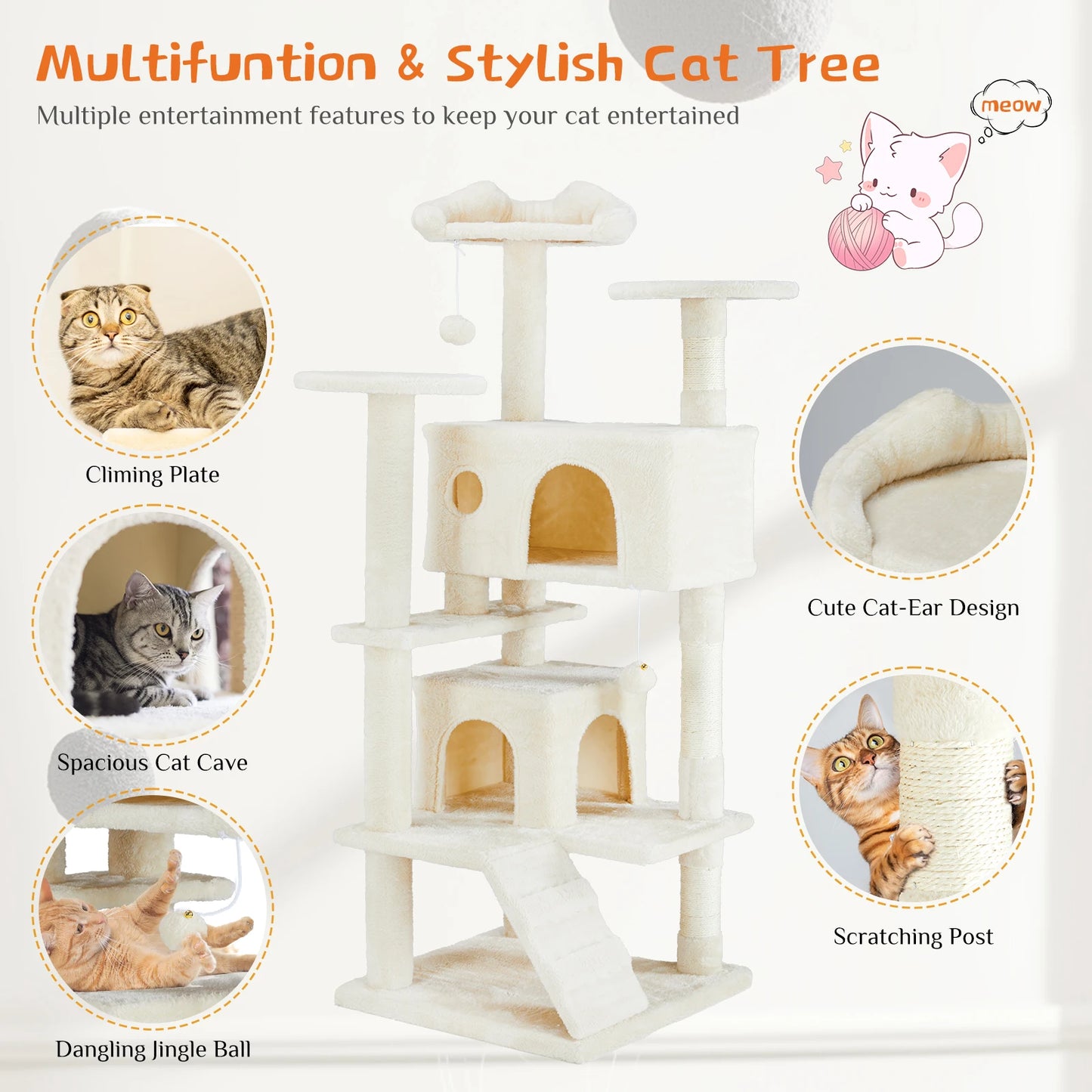 JHK 54in Tall Cat Tree Tower – Multi-Level Comfort