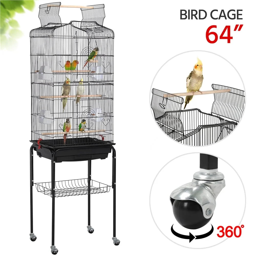 Open Top Rolling Metal Birdcage With Detachable Stand