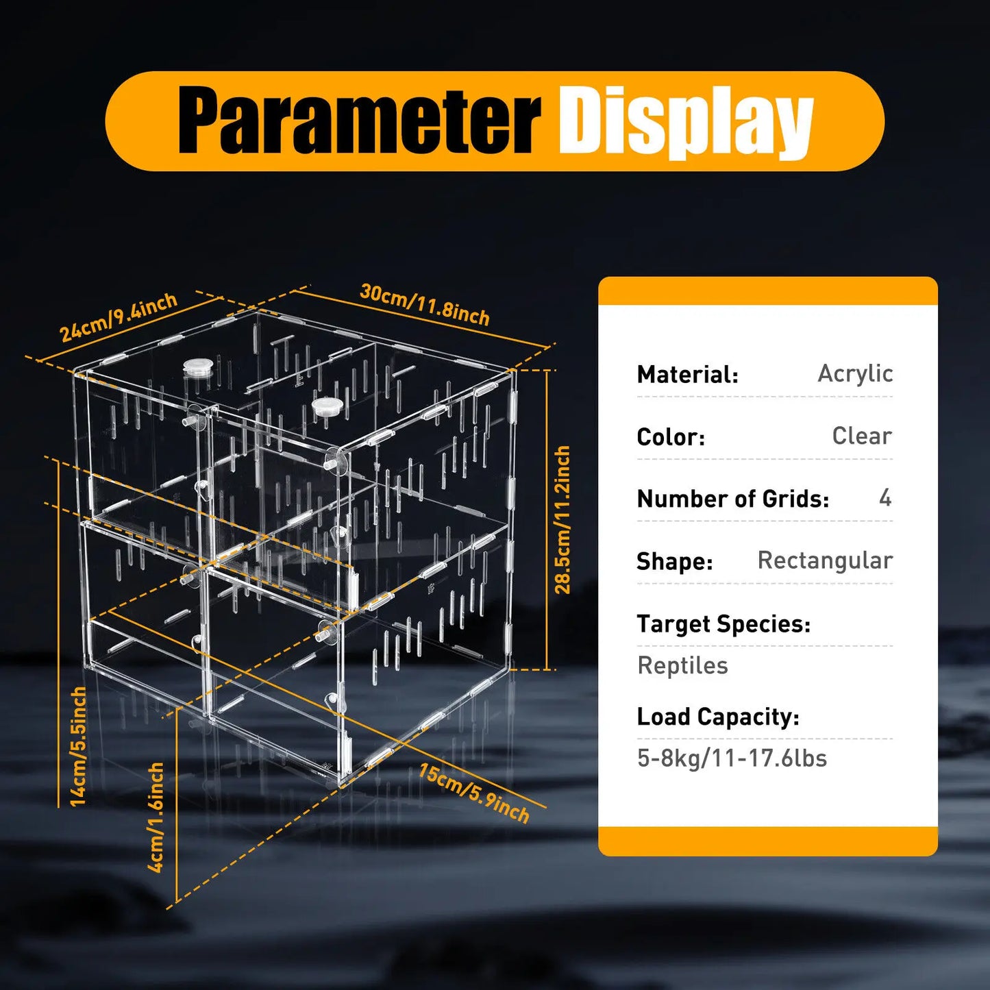 4 Grids Acrylic Pet Reptile Cage Breeding Box Terrarium for Lizards Insects Climbing Spiders Snakes Tank Clear