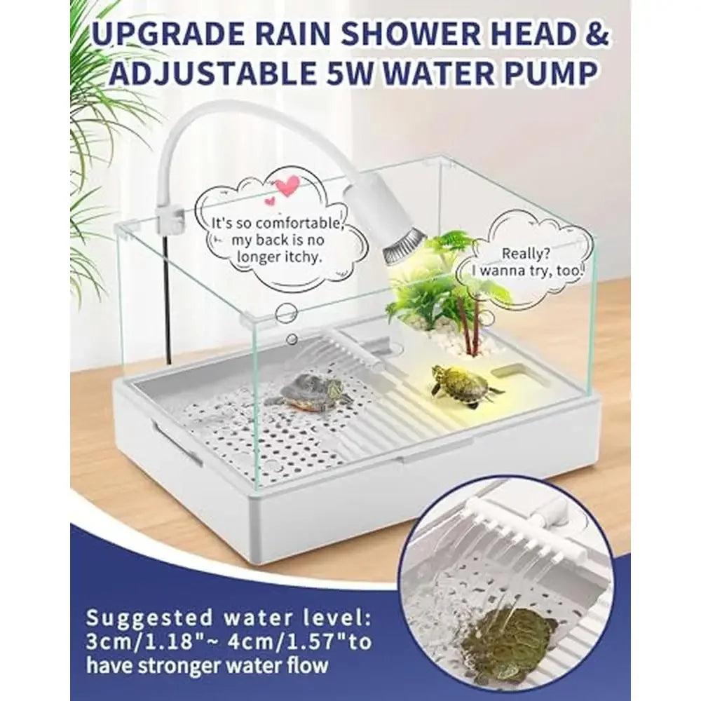 Acrylic Turtle Tank Starter Kit with Rain Shower Head UVA UVB Light Water Pump Easy to Clean Healthy Habitat for Small Reptiles
