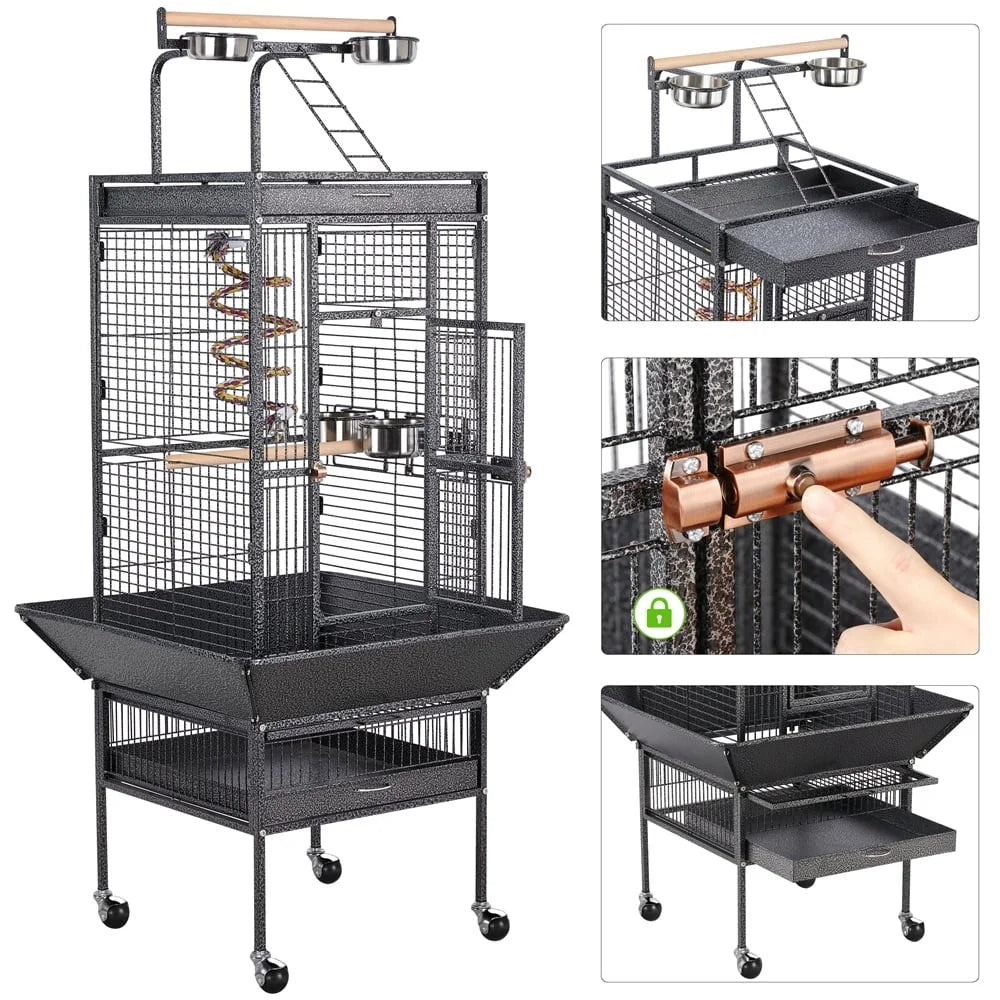 Rolling Metal Parrot Cage With Play Top And Accessories