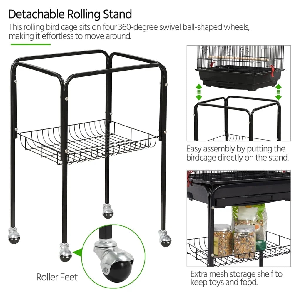Open Top Rolling Metal Birdcage With Detachable Stand