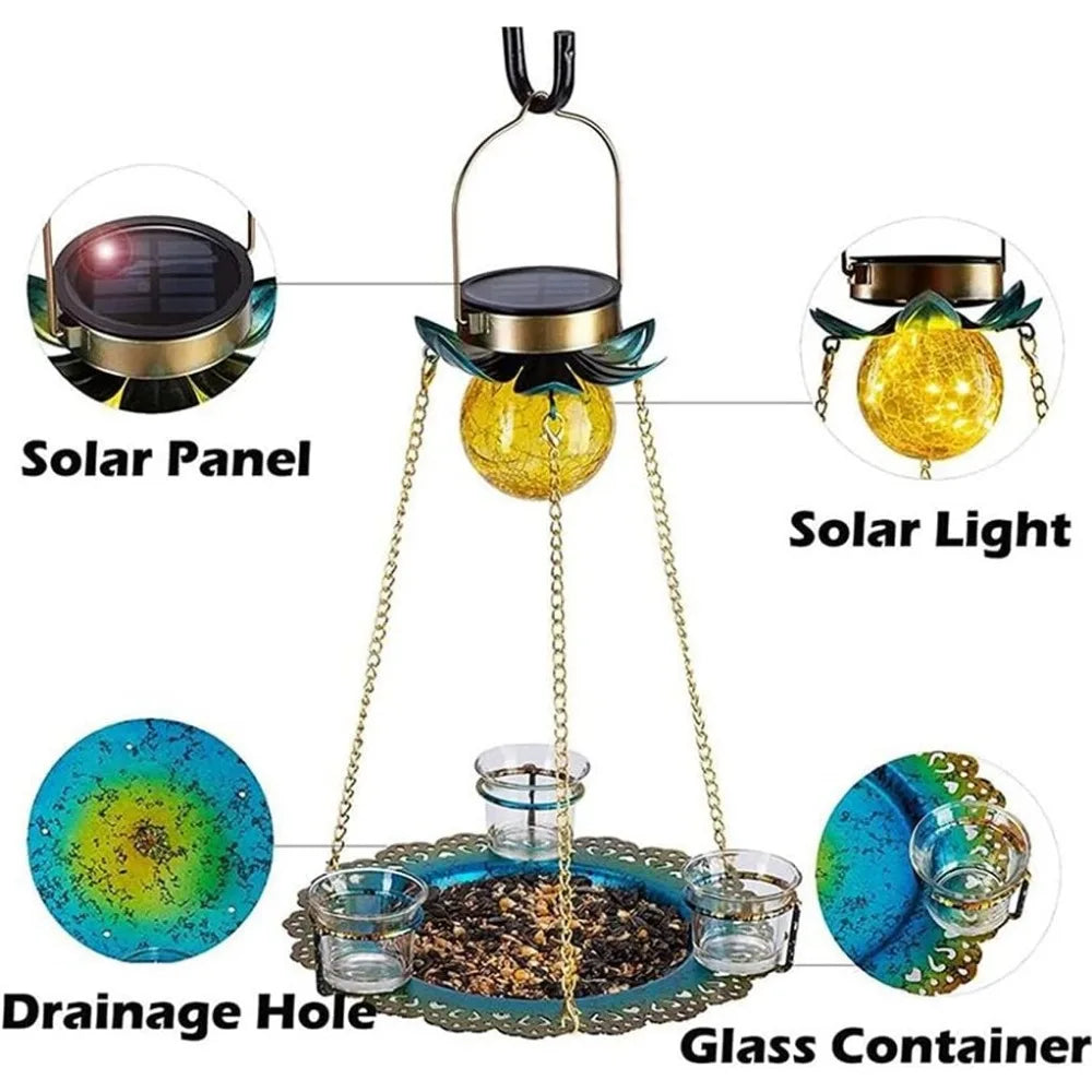 Solar Bird Feeder Hanging Lights Seed Tray Weatherproof