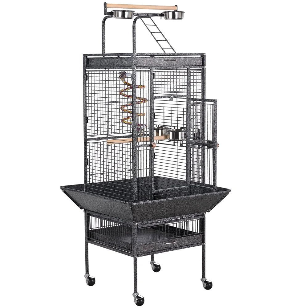 Rolling Metal Parrot Cage With Play Top And Accessories