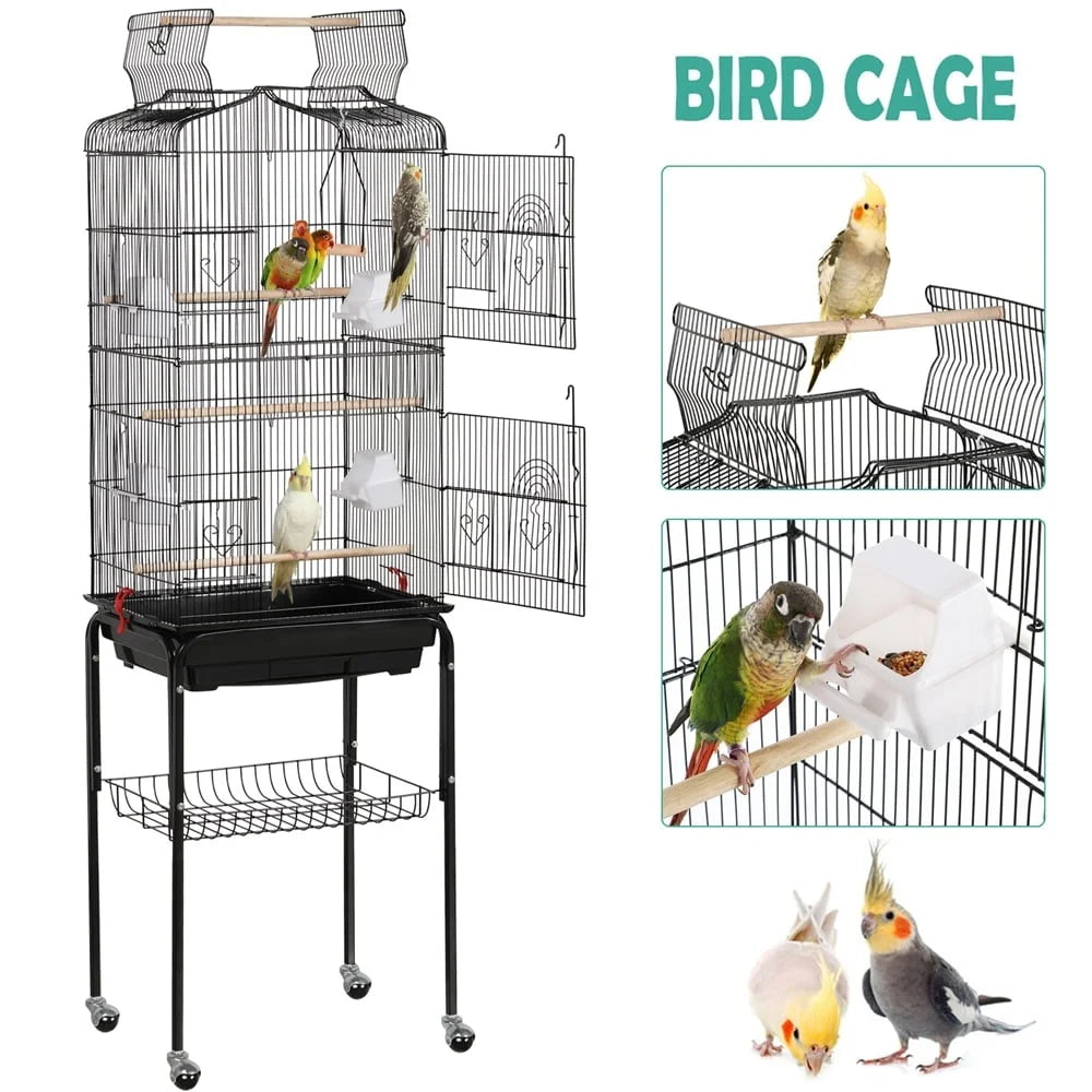 Open Top Rolling Metal Birdcage With Detachable Stand