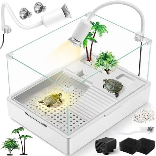 Acrylic Turtle Tank Starter Kit with Rain Shower Head UVA UVB Light Water Pump Easy to Clean Healthy Habitat for Small Reptiles