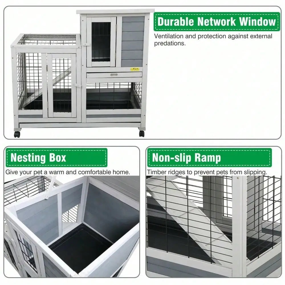 Outdoor Rabbit Hutch Small Animal House Rolling Bunny Cage