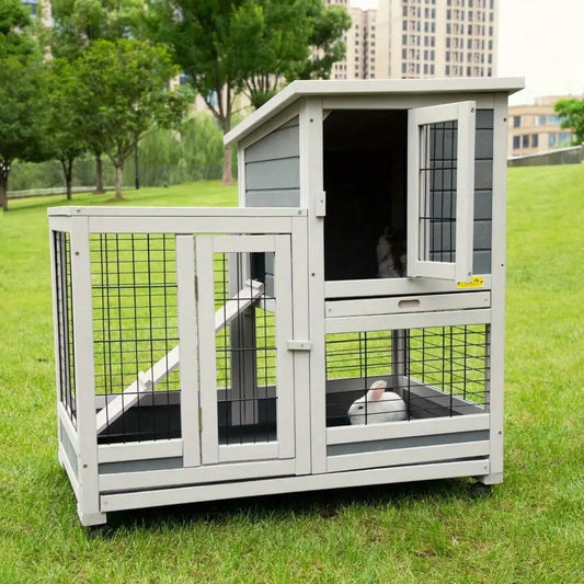 Outdoor Rabbit Hutch Small Animal House Rolling Bunny Cage