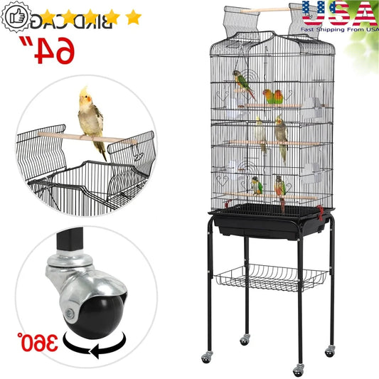 Open Top Rolling Metal Birdcage With Detachable Stand