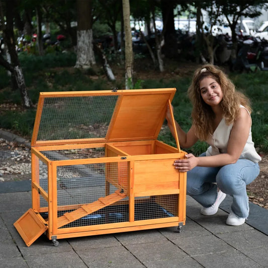 2-Tier Rabbit Hutch on Wheels Bunny Cage with Run Doors Ramp Openable Roof Easy-to-Clean Tray Pet House for Guinea Pigs Small A