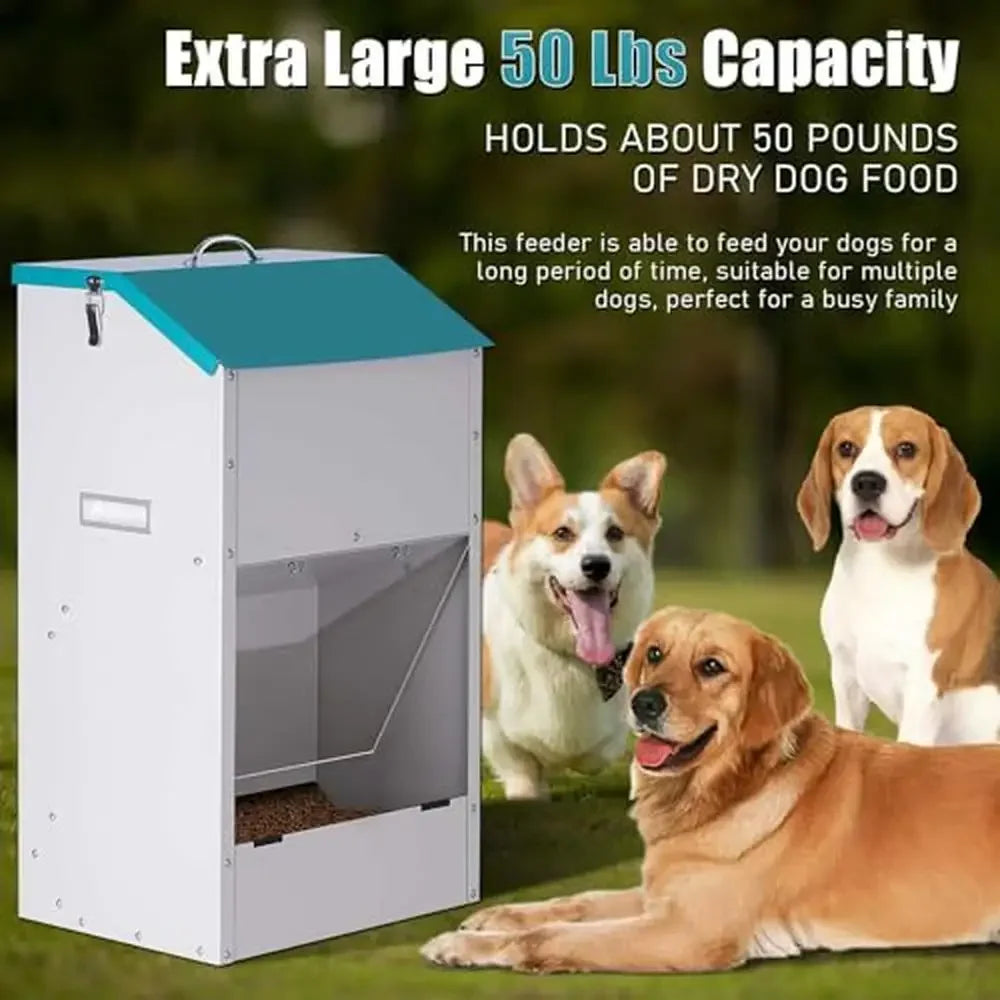 Large Capacity Auto Dog Feeder Steel Gravity Dispenser Durable Galvanized 50 Pound Capacity for All Breeds