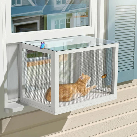 Cat Window Box Universal Perch Catio Waterproof Transparent Top for Double Hung Frames 24 to 42.5 Inches Wide