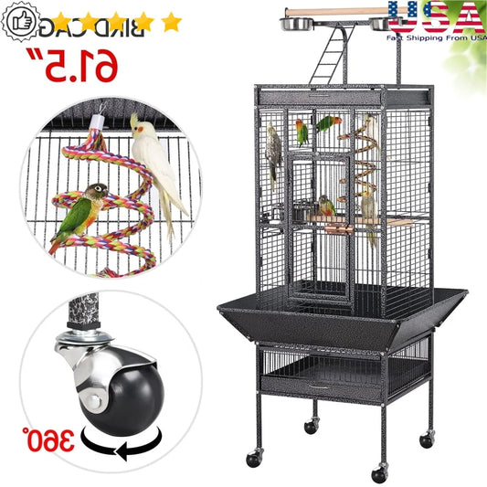 Rolling Metal Parrot Cage With Play Top And Accessories