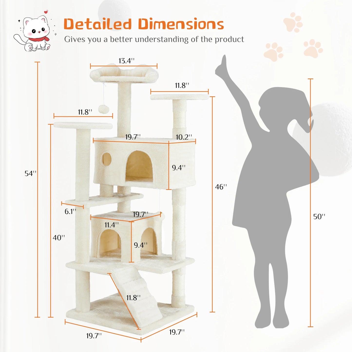 JHK 54in Tall Cat Tree Tower – Multi-Level Comfort